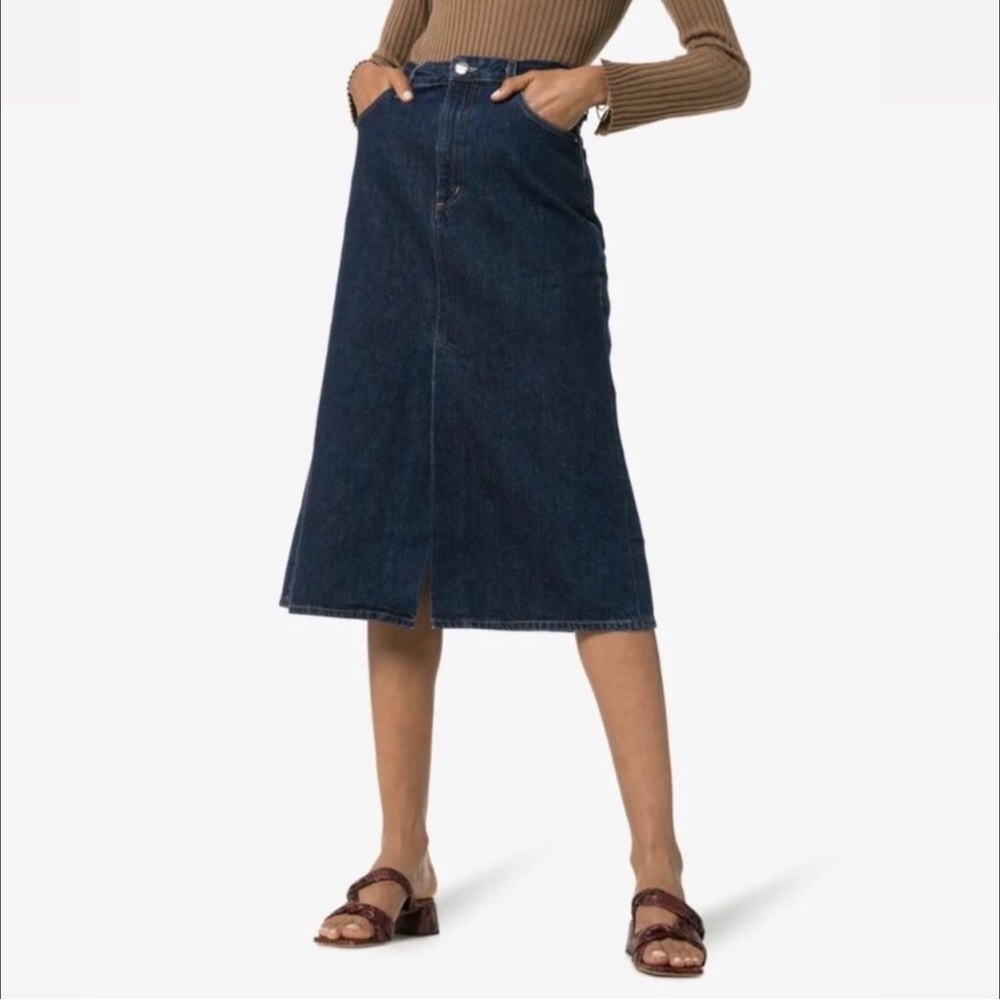 Goldsign A-Line Denim Midi Skirt in Blue Size 28